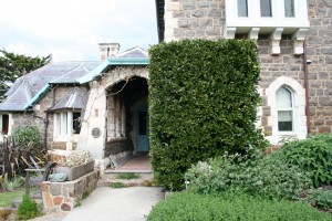 bay, trees, hedge, clipped, herb, heronswood, house