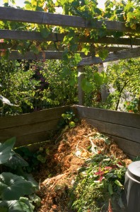 Compost heap piled up in the corner of a wooden bin