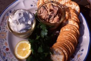 Ingredients for coriander and salmon dip