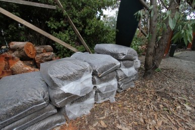 Stacked sheep manure bags